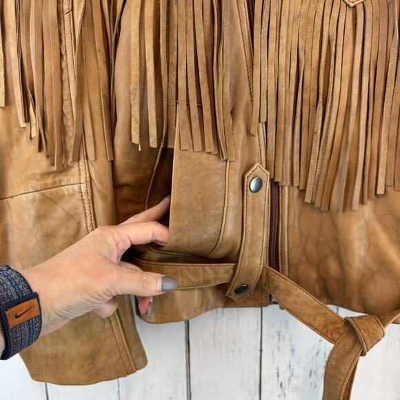 VTG Liz Phillips Brown Leather Western Fringe Asymmetric Zip Jacket Size Medium - Picture 3 of 14